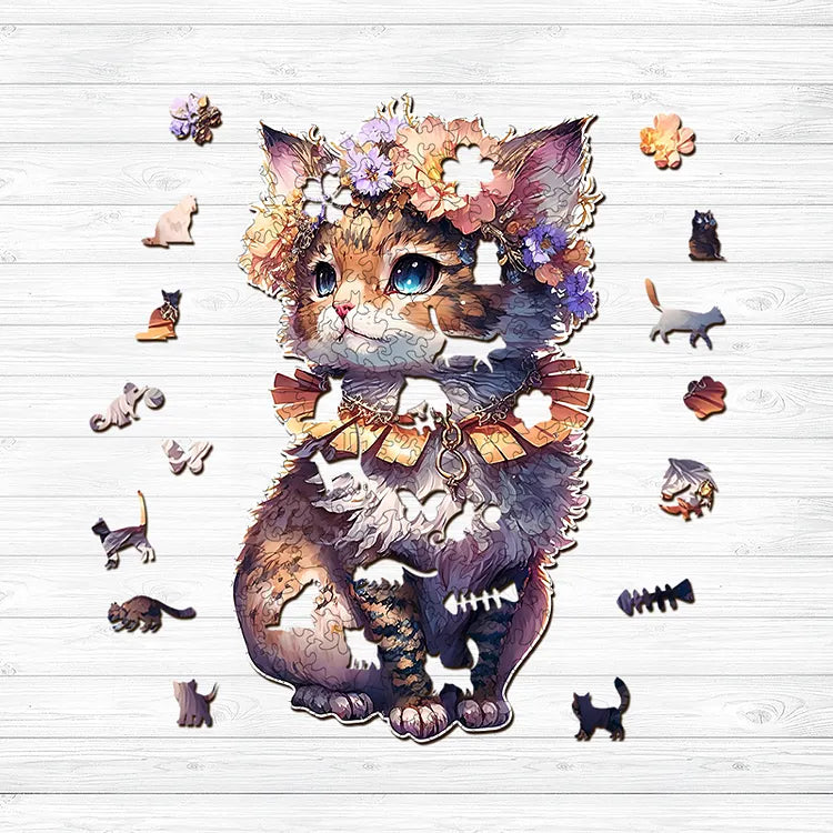 Lovely Flowered Kitten Wooden Jigsaw Puzzle