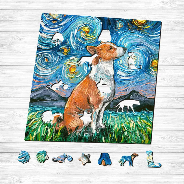 Van Gogh Bull Terrier Wooden Jigsaw Puzzle